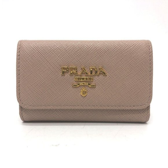 Auth PRADA 1PG004 logo 4 key rings Key Case saffiano leather pink - Picture 1 of 13